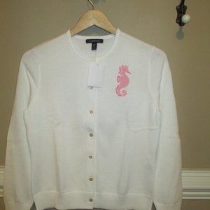 LANDS END WHITE CARDIGAN BEADED SEAHORSE SMALL